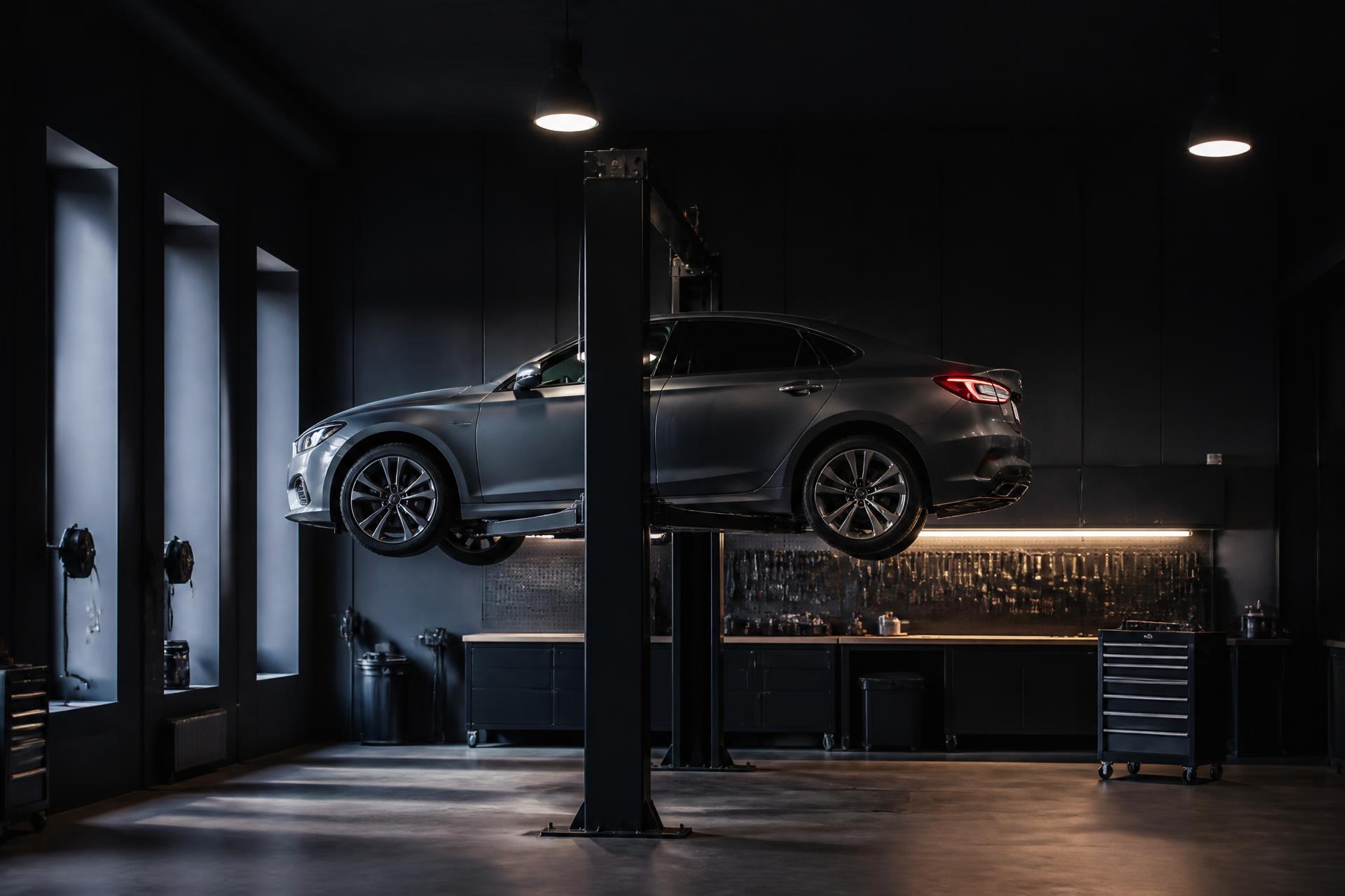 Modern car raised on a two-post lift inside a clean professional workshop