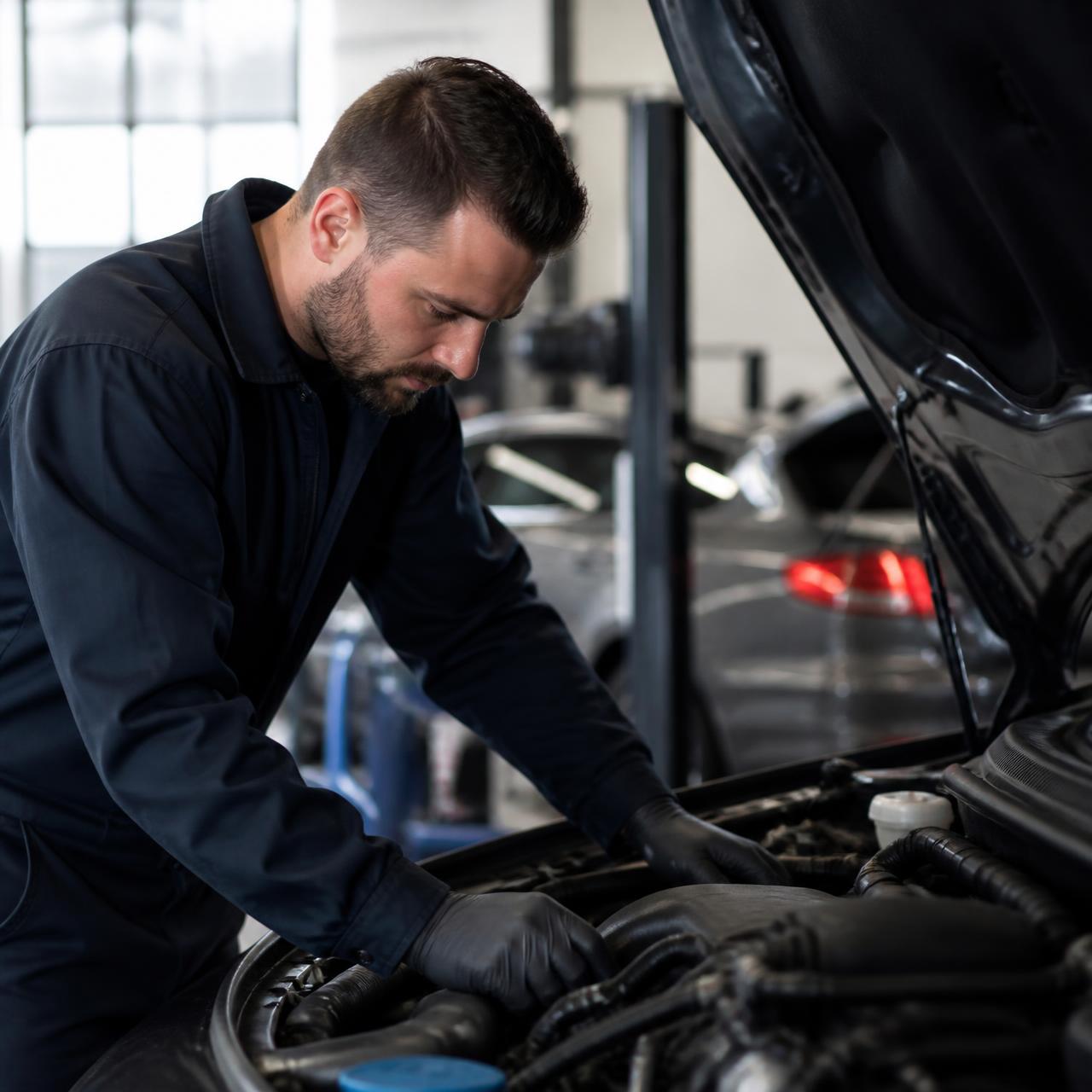 Automotive technician inspecting an engine bay in a tidy modern garage